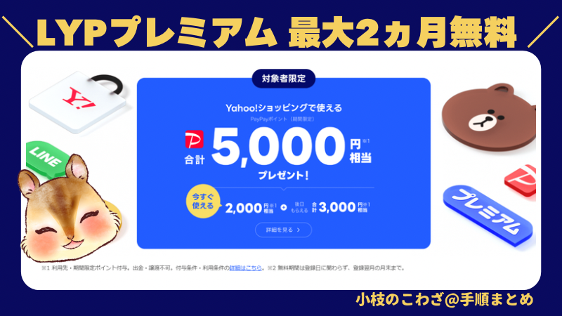 今なら会員登録で合計5000円相当がもらえて会費2ヵ月無料！LYPプレミアム特典対象かチェック 