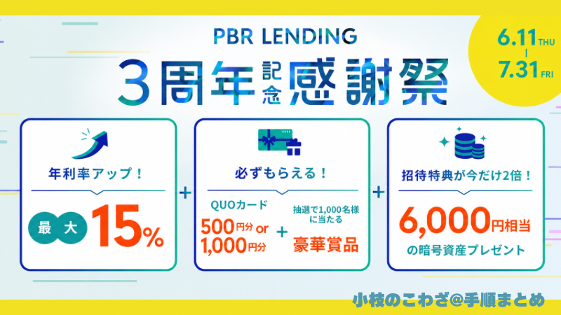 《PBR LENDING》3周年記念感謝祭スタート！招待特典が6000円相当に2倍UP＆全員にQUOカード＆肉が当たる！（6/11〜7/31） 