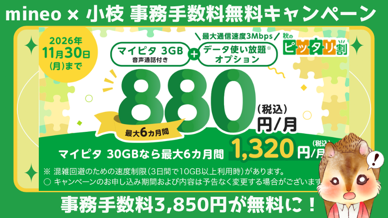 《mineo(マイネオ)》15GBが最大6ヶ月 月額990円！秋のピッタリ割【事務手数料無料の提携リンクあり】 